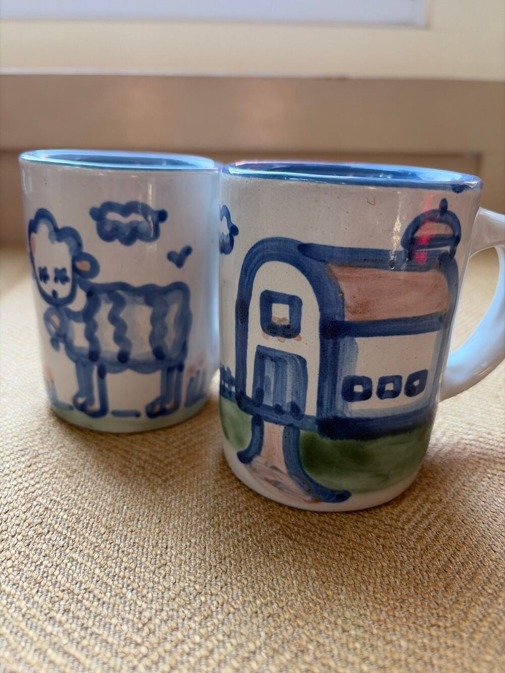 TWO VTG M.A. Hadley Pottery Art Coffee Mugs Farmhouse Barn Sheep 10 oz's THE END